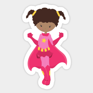 Superhero Girl, African American Girl, Pink Cape Sticker